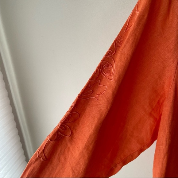 Edward Irish Linen Orange Embroidered 100% Linen Button Down Top Shirt Plus Size - Picture 2 of 10